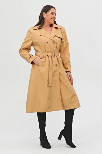 Uzun Büyük Beden Kadın Astarlı Trençkot - 11