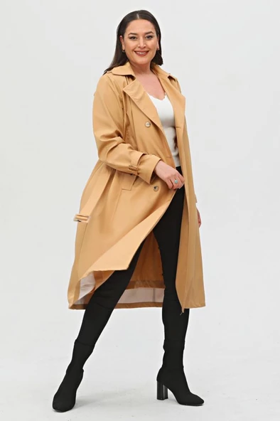 Uzun Büyük Beden Kadın Astarlı Trençkot - 9