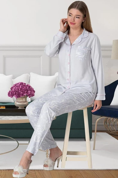 Mecit 5143 Bayan Pembe Boydan Düğmeli Uzun Kollu Pijama Takımı - Resim 2