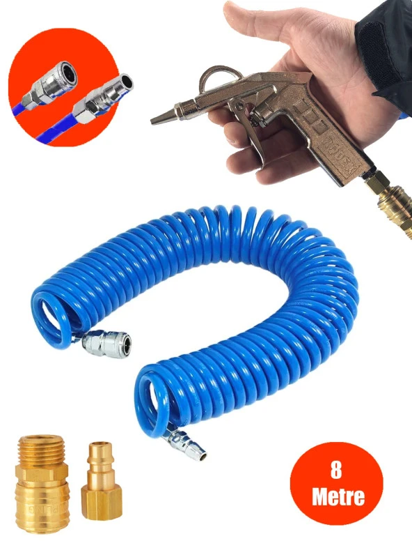 Anadolu Strong Yüksek Kalite Kompresör Spiral Hava Hortumu 8 mm 8mt Hava Tabancalı  Kompresör Recor Seti