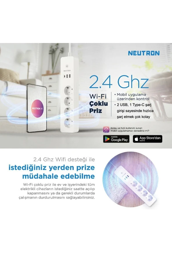 Akıllı Wi-fi Destekli 16a 4'lü Çocuk Kilitli Akım Korumalı Çoklu Priz - Uygulama Üzerinden Kontrol - 2
