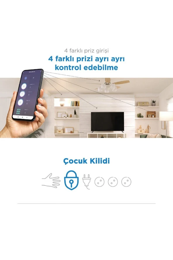 Akıllı Wi-fi Destekli 16a 4'lü Çocuk Kilitli Akım Korumalı Çoklu Priz - Uygulama Üzerinden Kontrol - 7