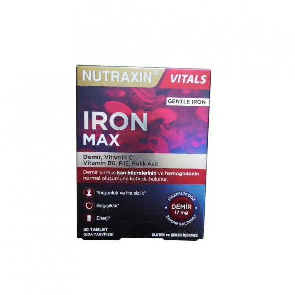 Iron Max Demir, Vitamin C, Vitamin B12 İçeren Takviye Edici Gıda 30 Tablet