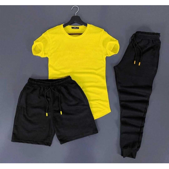 3'Lü SlimFit Sarı Tshirt-Şort-Eşofman Kombin