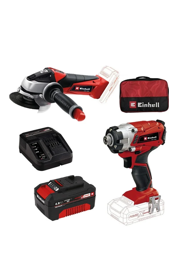 EİNHELL TE-CI 18/1 Li Darbeli Vidalama + TE-AG 18/115 AvuçTaşlama + 4Ah StarterKit +Bez Çantalı Set