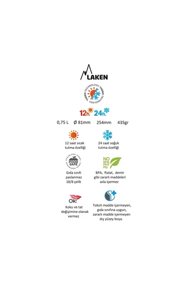 Laken Çelik 18/8 Bardak Kapaklı Termos Şişe 0,75L - Çelik LK1875S - 2