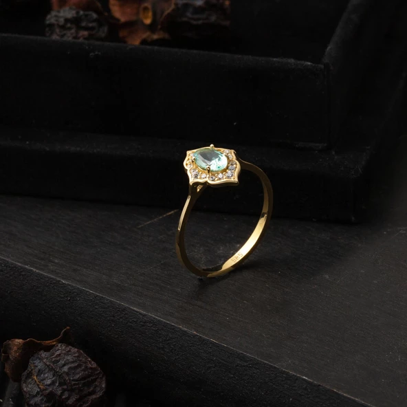 Yeşim Taşlı 14 Ayar Altın Yüzük - Resim 4
