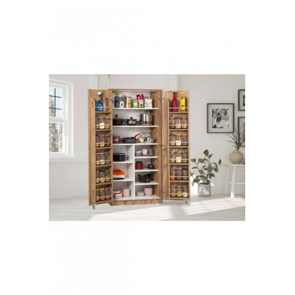 Ceviz Çok Amaçlı 165 Derece Açılabilir 2 Kapaklı Kiler Mutfak Dolabı