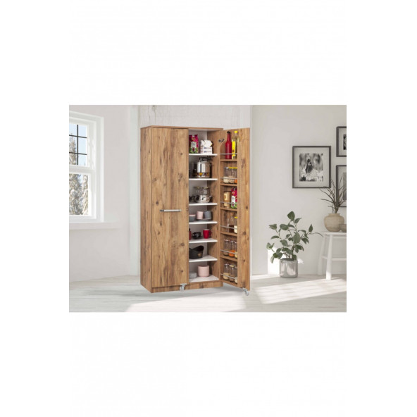 Ceviz Çok Amaçlı 90 Derece Açılabilir 2 Kapaklı Kiler Mutfak Dolabı