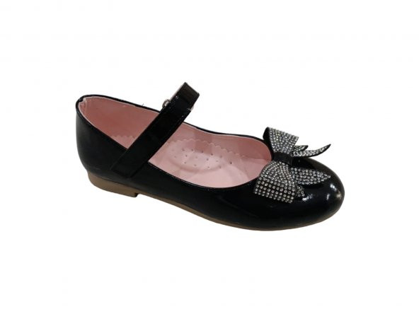 Zerhan 155 Kız Çocuk Siyah Rugan Fiyonklu Taşlı Cırtlı Babet Ayakkabı