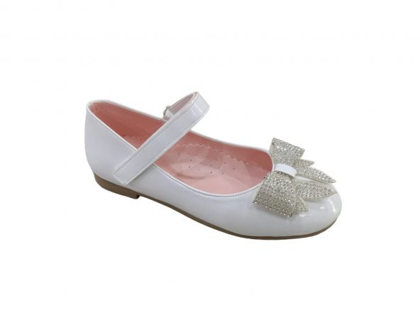 Zerhan 155 Kız Çocuk Beyaz Rugan Fiyonklu Taşlı Cırtlı Babet Ayakkabı