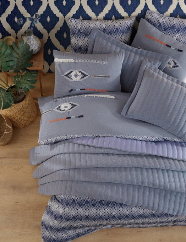 Çift Kişilik Yatak Örtüsü - Yastık Kılıflı -  Nakışlı - Denim