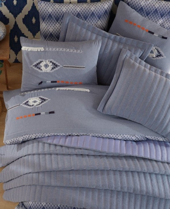 Çift Kişilik Yatak Örtüsü - Yastık Kılıflı -  Nakışlı - Denim - 2