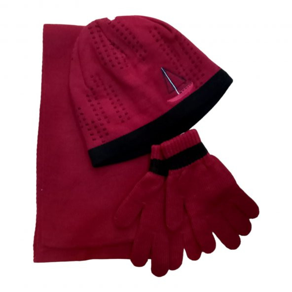 Erkek Çocuk Triko 9-15 Yaş Atkı Bere Eldiven Takımı Bordo
