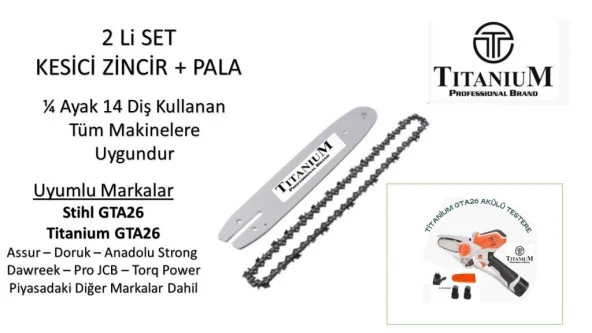 AKÜLÜ EL BUDAMA TESTERESİ ZİNCİRİ VE KLAVUZ 1/4 AYAK 14 DİŞ GTA26 ürün görseli
