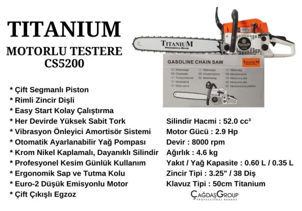 Titanium CS5200 Motorlu Testere - Ağaç Motoru - Hızar 2.8 HP