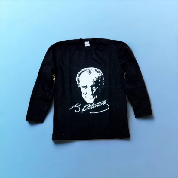 Uzun Kollu Siyah Atatürk İmzalı Baskılı Arkası İmzalı Tişört