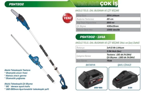 Hyudai PSHT202 Akülü Yüksek Dal Budama ve Çit Biçme Makinesi Akülü