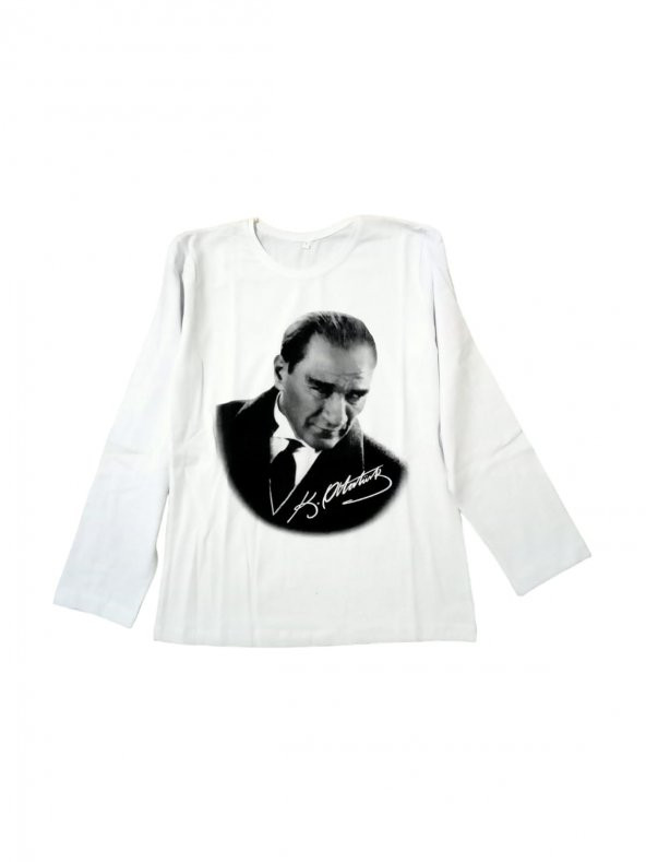 Uzun Kollu Beyaz Atatürk Gölgeli Baskılı Arkası İmzalı Tişört