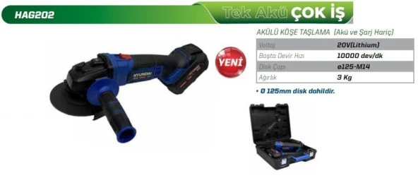 Hyundai HAG202 Akülü Köşe Taşlama Akü ve Şarj Aleti Hariçtir