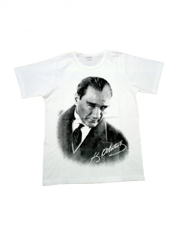Kısa Kollu Beyaz Atatürk Gölgeli Baskılı Arkası Yazılı Tişört