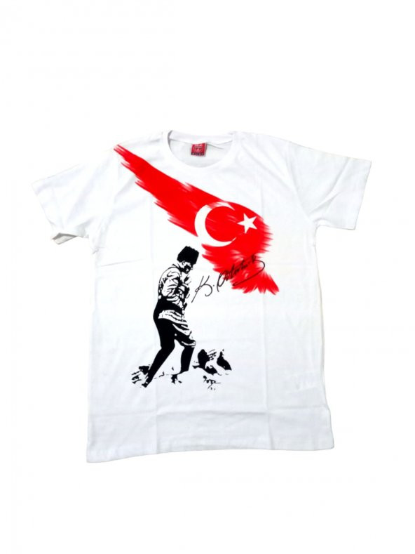 Beyaz Atatürk Kocatepe ve Türkiye Bayrak Baskılı Tişört