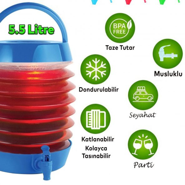 Akordiyonlu Su Sebili Meşrubat İçecek Kabı Bidonu Damacana Katlanabilir Musluklu Körüklü 5.5 Litre Termos Piknik Kamp Mangal - 2