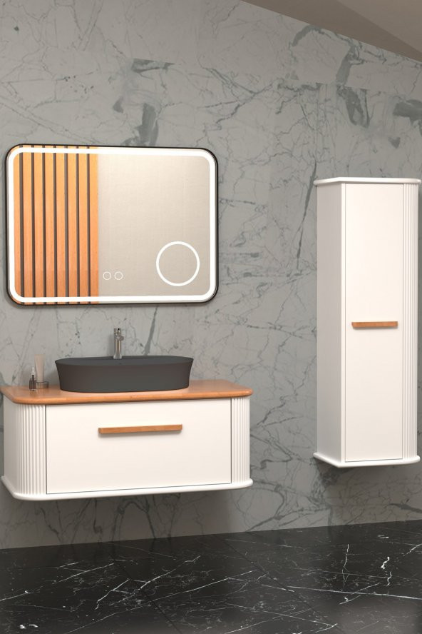 Casse 100 Cm Antrasit Lavabolu Banyo Dolabı - Beyaz / Kayın (Boy Dolap Dahil) - 1