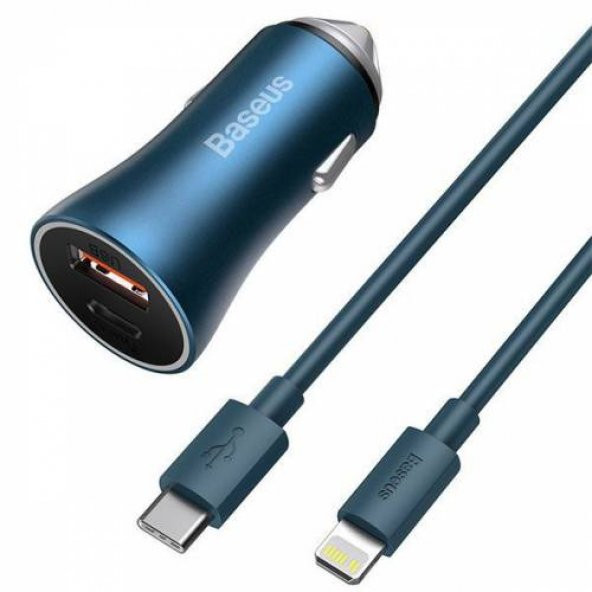 BASEUS 40W 1 USB ve 1 Type C Girişli Araç Şarj Başlığı ve 1 MT iPhone Lightning Şarj Kablosu