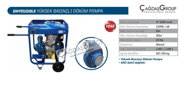 HYUNDAİ DHYD100LE 3 İNCH DİZEL MARŞLI YÜKSEK BASINÇ SU MOTORU DÖKÜM POMPA
