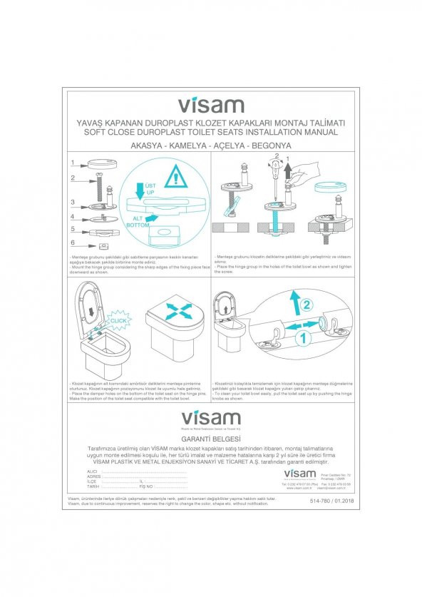 Visam Akasya Duroplast Yavaş Kapanan Metal Menteşeli Klozet Kapağı 514.001 - 3