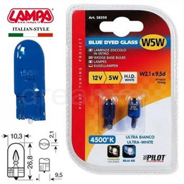 Lampa Blue-Xe Mavi Cam Beyaz Işık 5W 12V Dipsiz Gösterge Ampul 58359