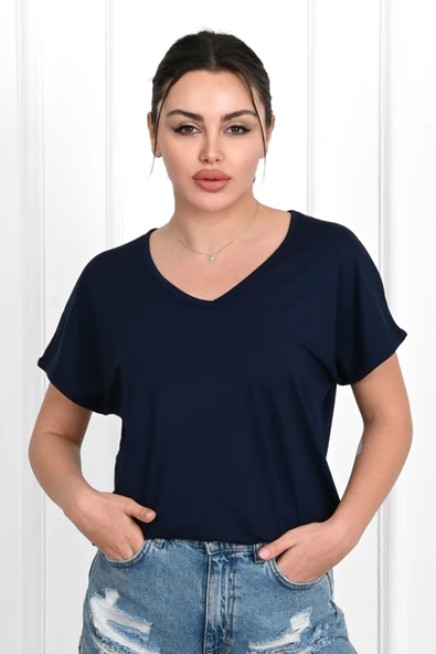 Kadın V Yaka Kısa Kollu T-shirt 1478-23