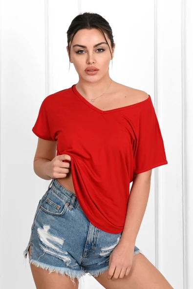 Kadın V Yaka Kısa Kollu T-shirt 1478-23 - 11