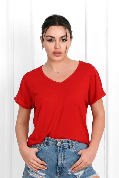 Kadın V Yaka Kısa Kollu T-shirt 1478-23 - 7