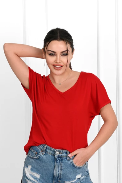 Kadın V Yaka Kısa Kollu T-shirt 1478-23 - 8