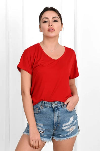 Kadın V Yaka Kısa Kollu T-shirt 1478-23 - 9