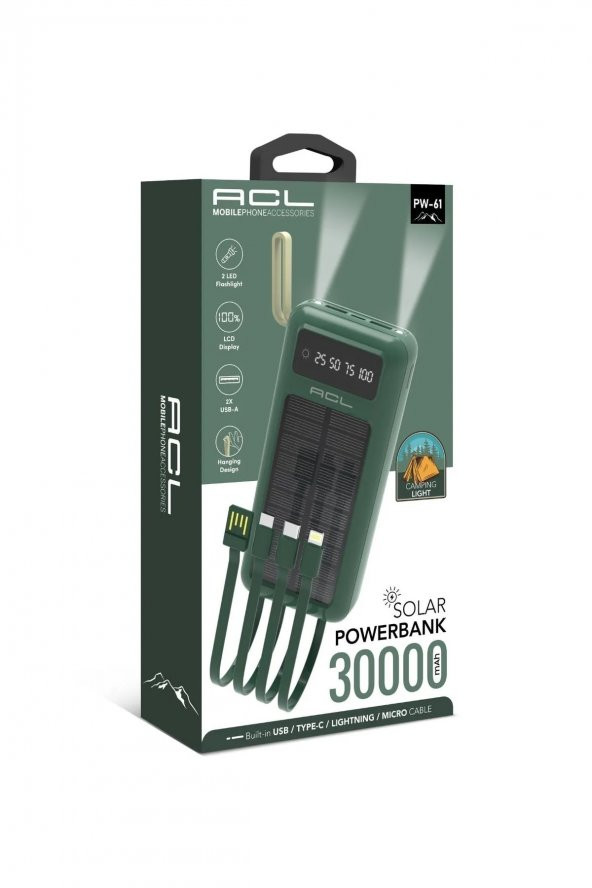 Acl Pw-61 Led Işıklı Usb Mikro Type-c Lighning Kablolu 2xUsb 30000mAh Lcd Powerbank - Resim 1