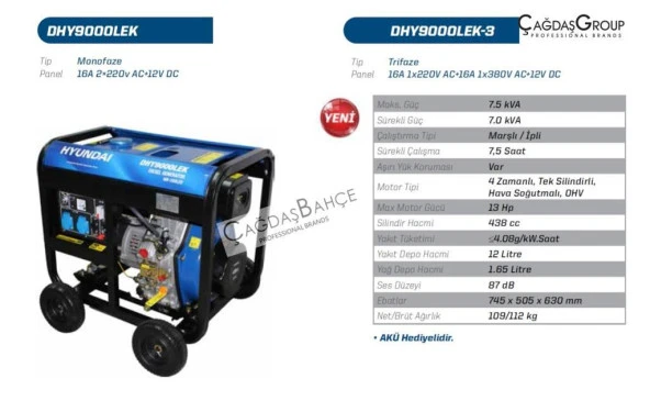 HYUNDAİ DHY9000LEK-3 TRİFAZE 7 KWA MARŞLI DİZEL JENERATÖR
