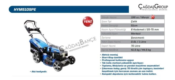 HYUNDAİ HYM510SPE BENZİNLİ ÇİM BİÇME MAKİNESİ MARŞLI START-STOP