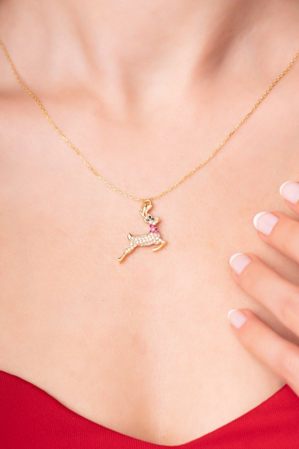 925 Ayar Gümüş Zincirli Ren Geyiği Tasarımlı Zirkon Taşlı Kadın Kolye - 2