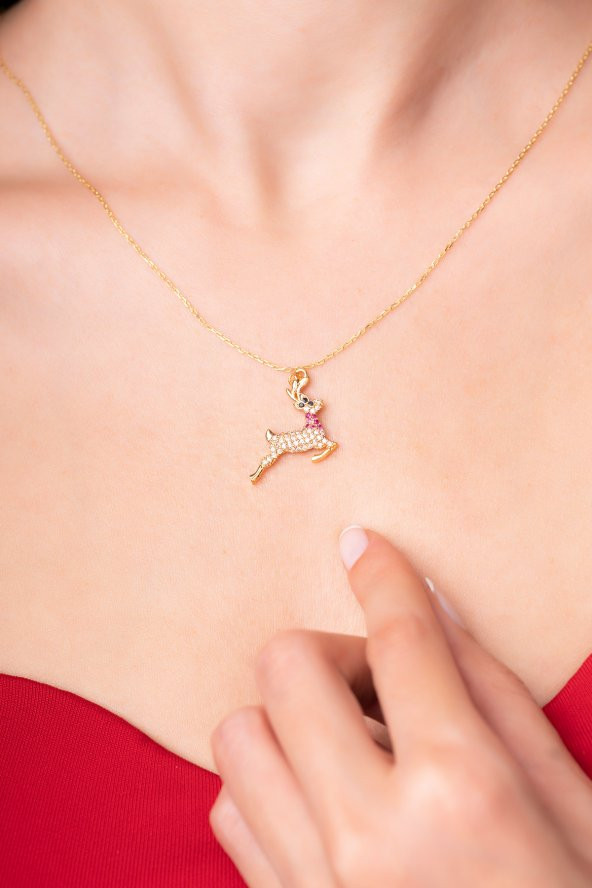 925 Ayar Gümüş Zincirli Ren Geyiği Tasarımlı Zirkon Taşlı Kadın Kolye - 3