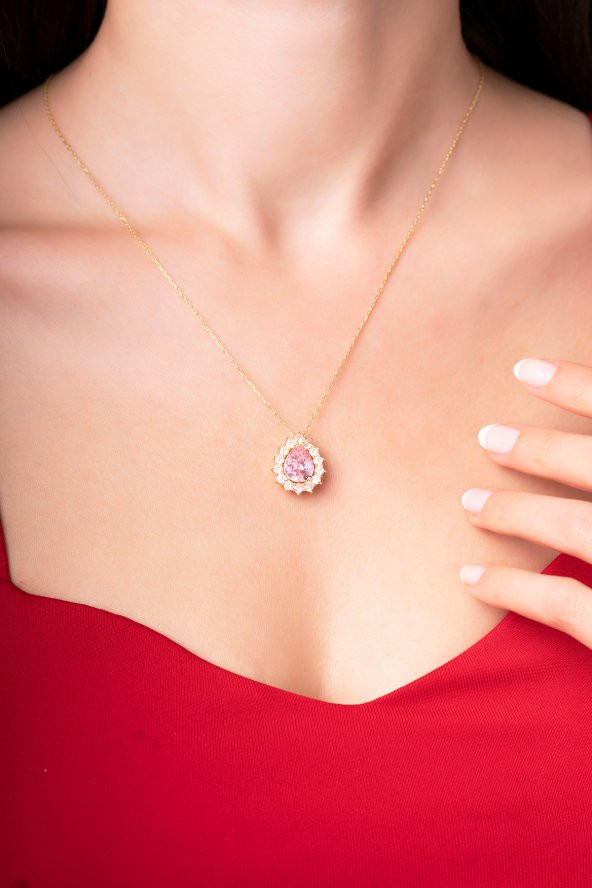 925 Ayar Gümüş Zincirli Pembe Su Damlası Tasarımlı Pırlanta Taşlı Kadın Kolye - 2