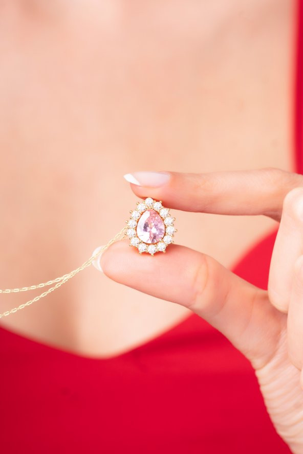 925 Ayar Gümüş Zincirli Pembe Su Damlası Tasarımlı Pırlanta Taşlı Kadın Kolye - 3