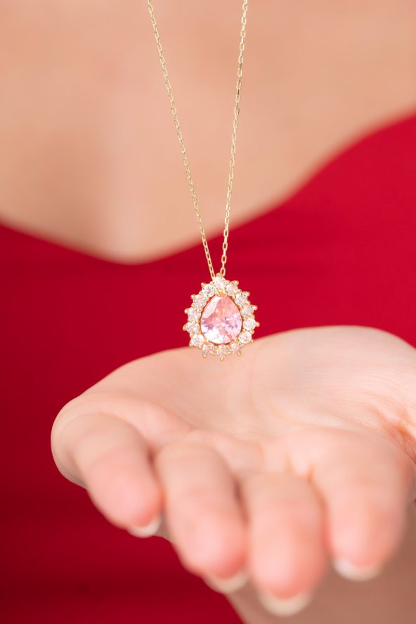 925 Ayar Gümüş Zincirli Pembe Su Damlası Tasarımlı Pırlanta Taşlı Kadın Kolye - 4