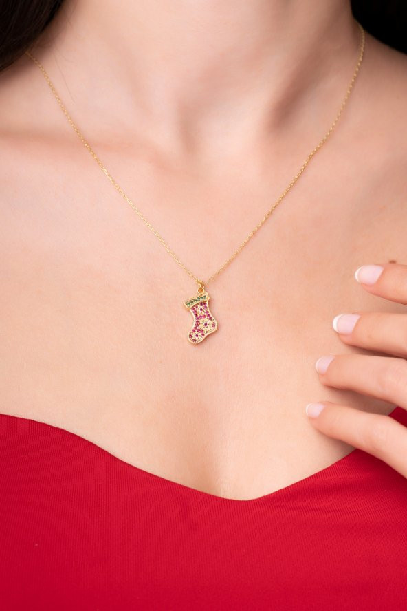 925 Ayar Gümüş Zincirli Şanslı Noel Çorabı Tasarımlı Kadın Kolye - 2