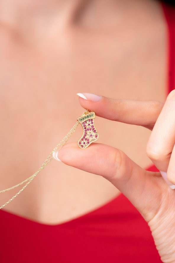 925 Ayar Gümüş Zincirli Şanslı Noel Çorabı Tasarımlı Kadın Kolye - 3