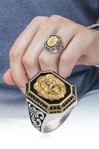 Aslan Başı Motifli 925 Gümüş Erkek Yüzük - 8