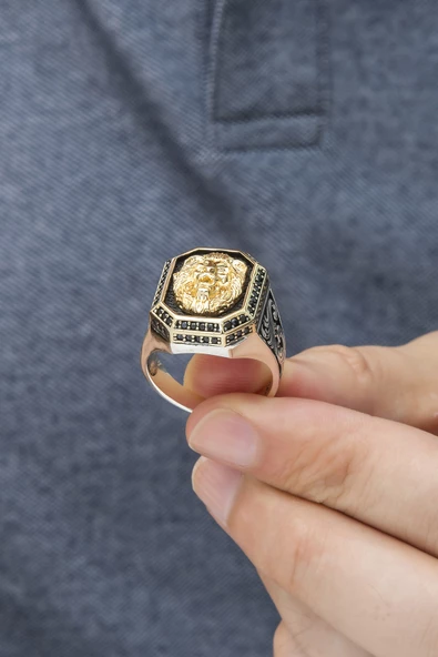 Aslan Başı Motifli 925 Gümüş Erkek Yüzük - 5