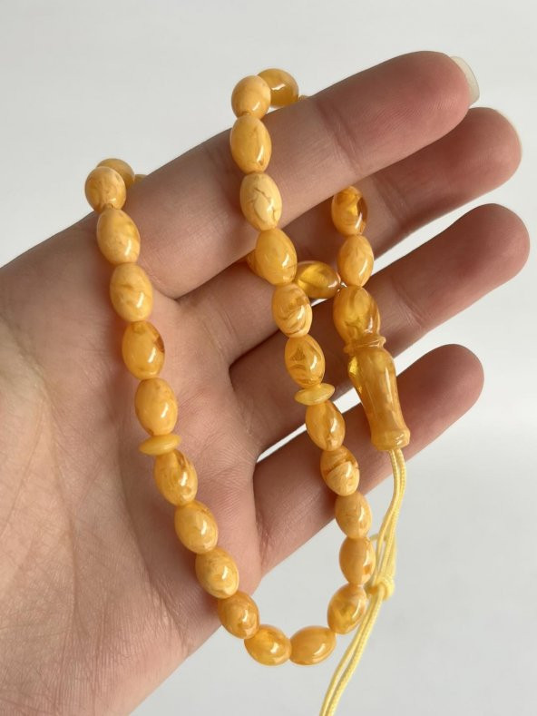 Oval Kesim Kokulu Toz Kehribar Tesbih 33lük 6mm A004